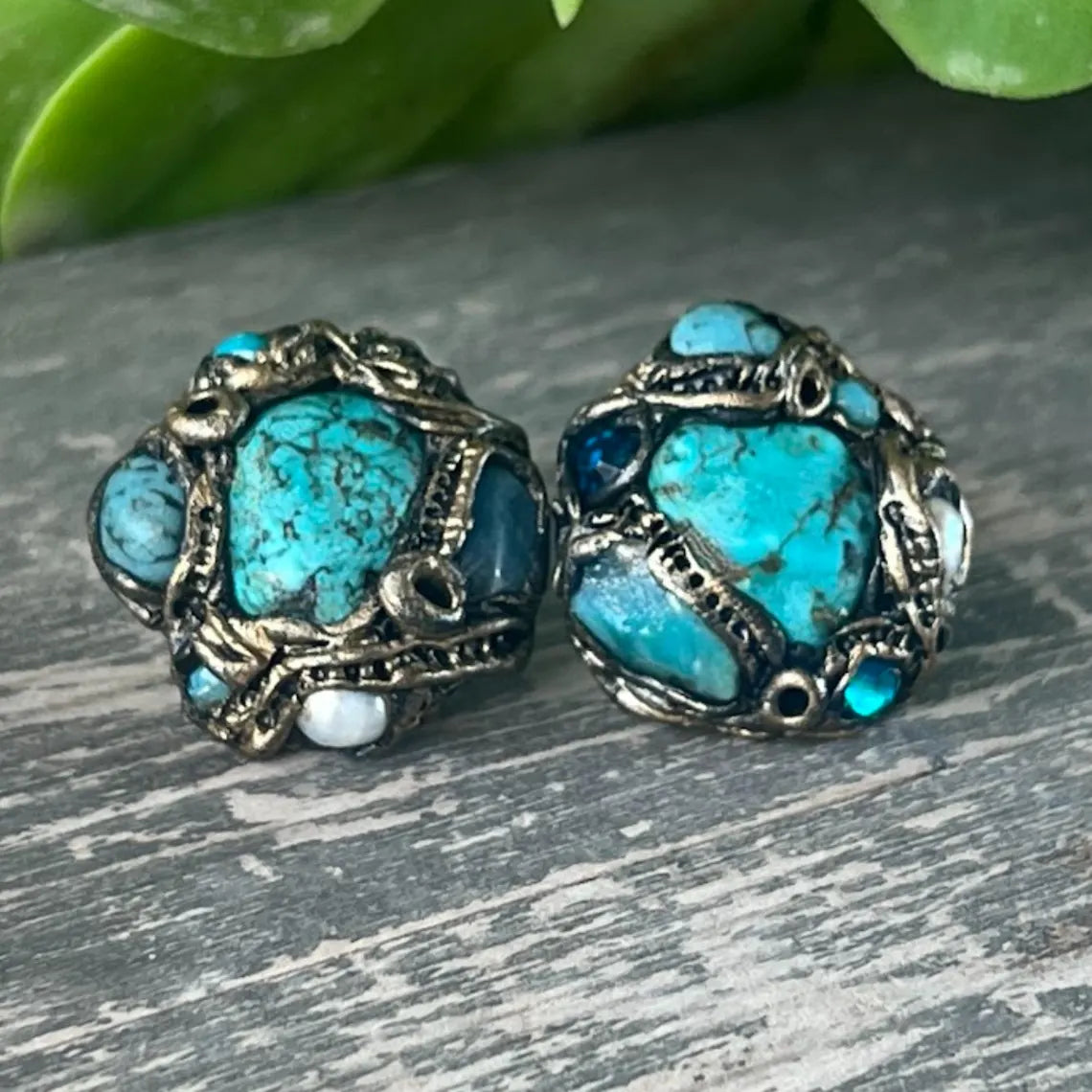 Turquoise and Pearl Studs - Unique Blue Statement Earrings