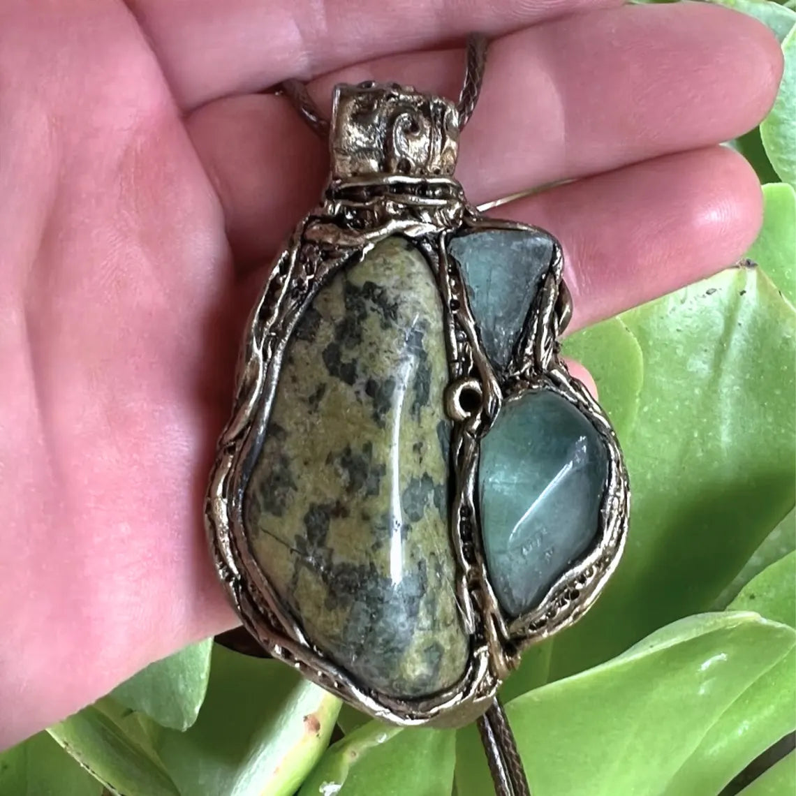 Chunky Serpentine Green Fluorite Pendant Necklace