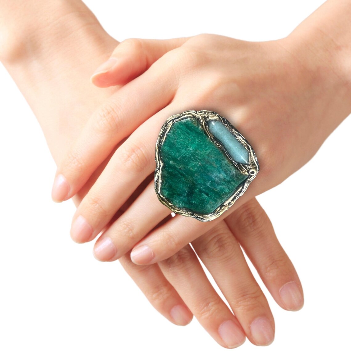 Green Stone Chunky Ring with Buddstone & Aventurine, Large Statement Ring