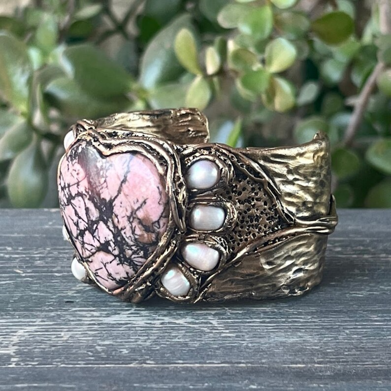 Heart Chunky Cuff Bracelet with Rhodonite & Pearls - Gemstone Statement Jewelry