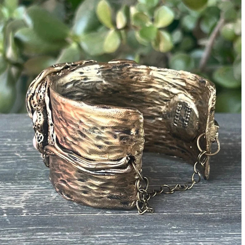 Heart Chunky Cuff Bracelet with Rhodonite & Pearls - Gemstone Statement Jewelry