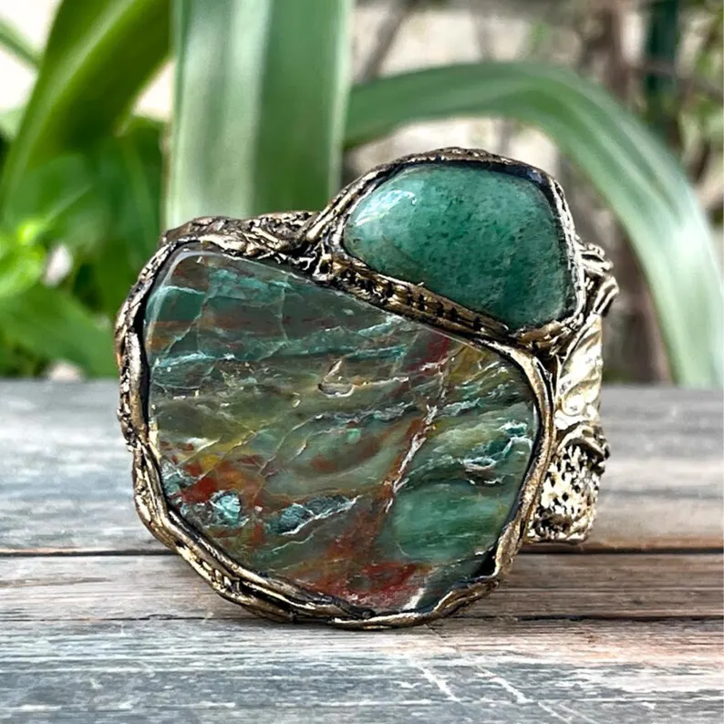 Green Gemstone Large Cuff Bracelet with Aventurine & Prasem