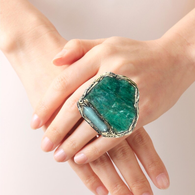 Green Gemstone Cuff Bracelet with Aventurine & Buddstone - Unique Statement Jewelry