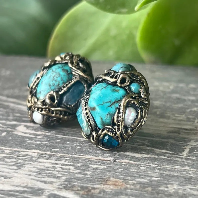 Turquoise and Pearl Studs - Unique Blue Statement Earrings
