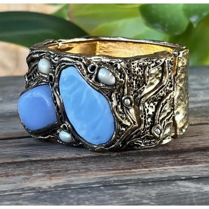 Chunky Blue Gemstone Cuff Bracelet with Opal, Onyx, and Pearls – Bold Statement Jewelry