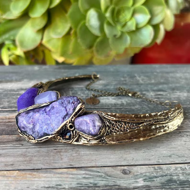 Wide Purple Choker Stone Chunky Necklace - Unique Crystal Jewelry for Special Occasions