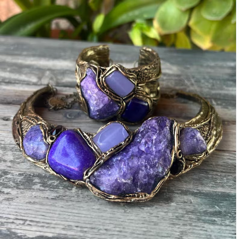 Wide Purple Choker Stone Chunky Necklace - Unique Crystal Jewelry for Special Occasions