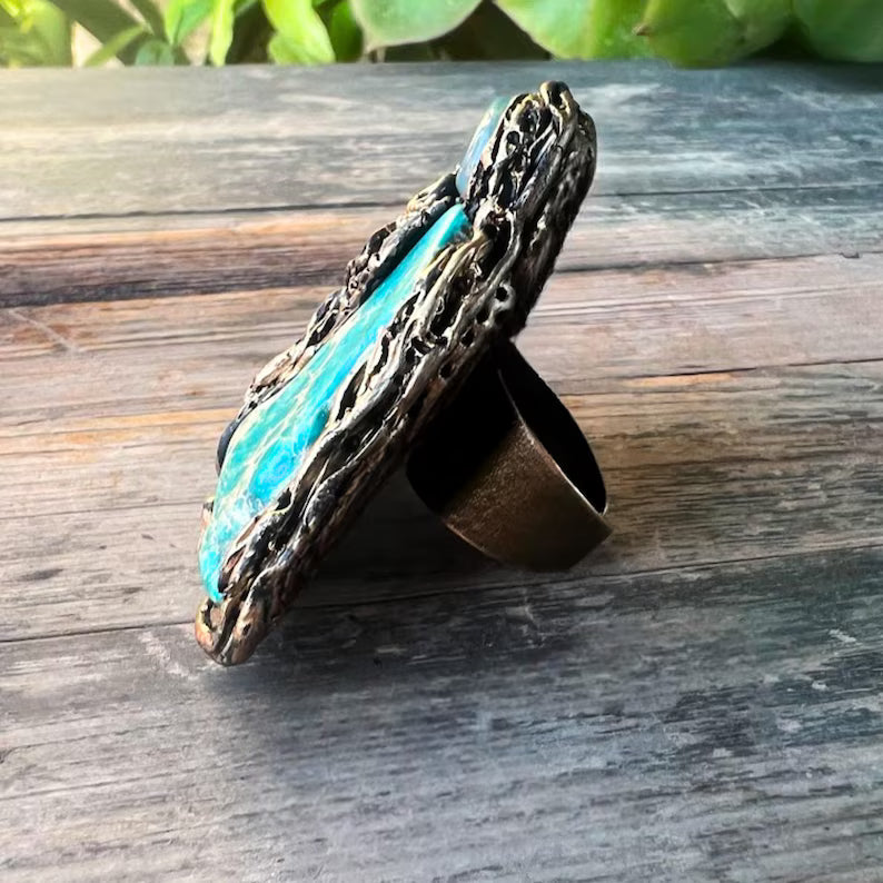 Chunky Turquoise Jasper Chalcedony Ring, Boho Cocktail Ring, Gift for Her