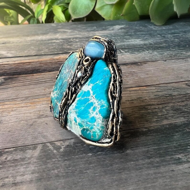 Chunky Turquoise Jasper Chalcedony Ring, Boho Cocktail Ring, Gift for Her