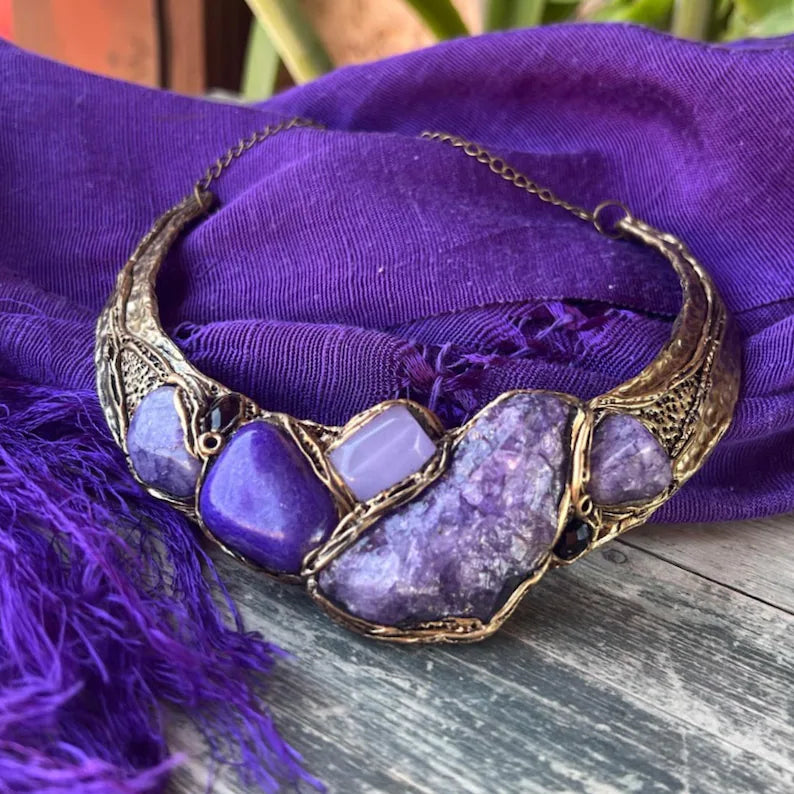 Wide Purple Choker Stone Chunky Necklace - Unique Crystal Jewelry for Special Occasions