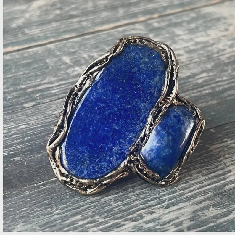 Chunky Lapis Lazuli Ring - Modern Blue Statement Jewelry