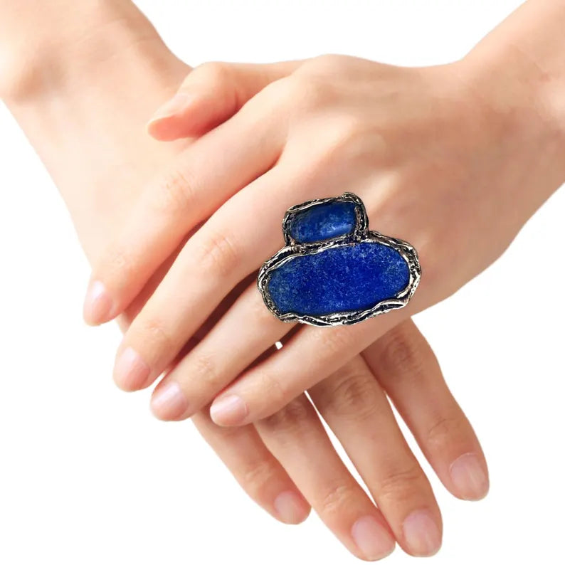 Chunky Lapis Lazuli Ring - Modern Blue Statement Jewelry