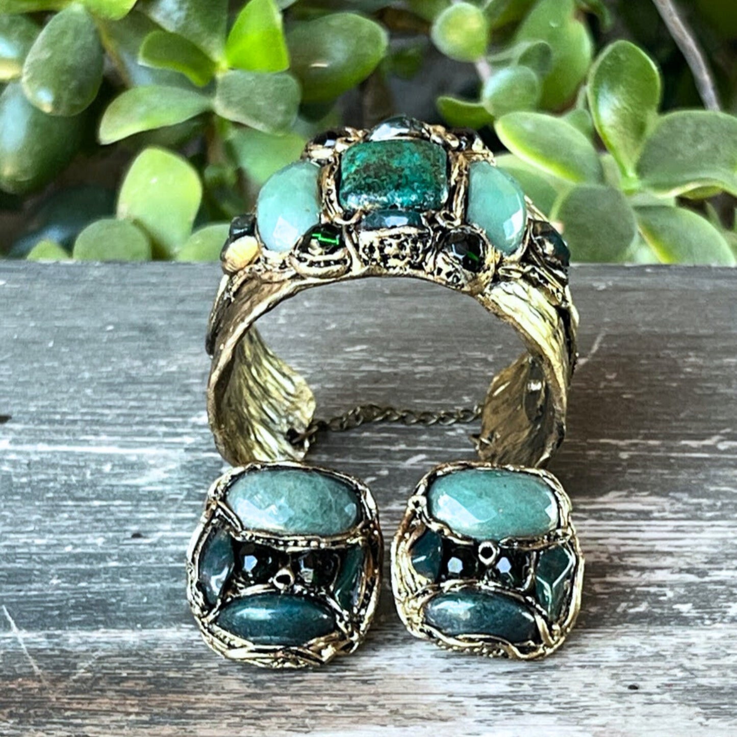Green Gemstone Statement Clip-On Earrings with Aventurine & Bloodstone