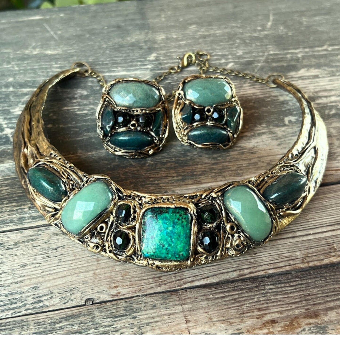 Green Gemstone Statement Clip-On Earrings with Aventurine & Bloodstone