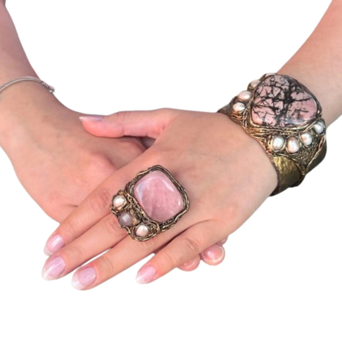 Heart Chunky Cuff Bracelet with Rhodonite & Pearls - Gemstone Statement Jewelry