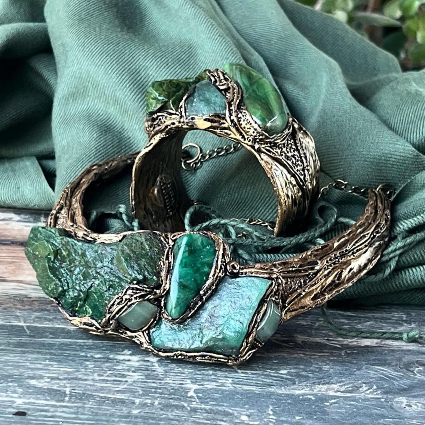 Green Gemstone Cuff Bracelet with Aventurine & Buddstone - Unique Statement Jewelry