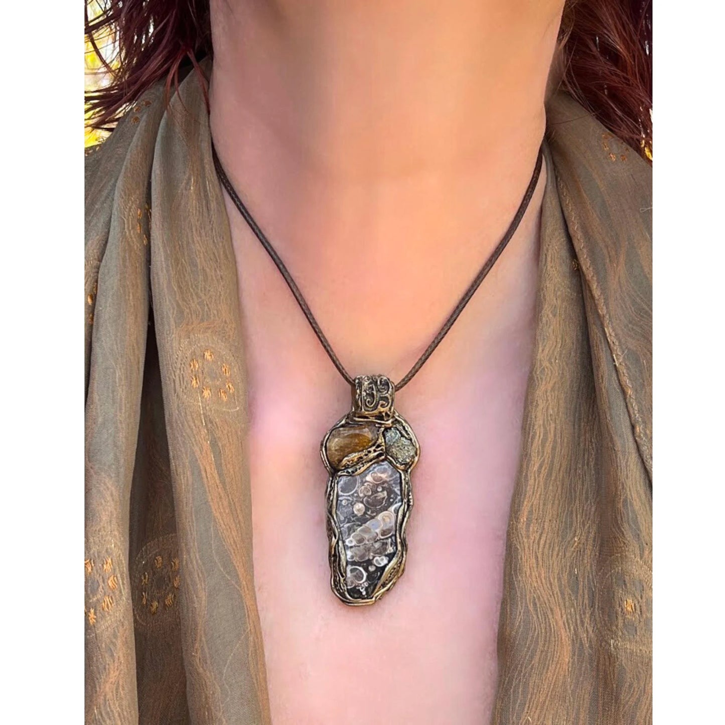 Crystal Pendant Necklace with Citrine, Pyrite, Turritella Agate - Unique Amulet