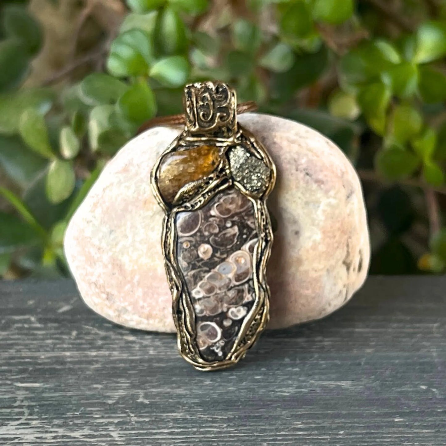 Crystal Pendant Necklace with Citrine, Pyrite, Turritella Agate - Unique Amulet