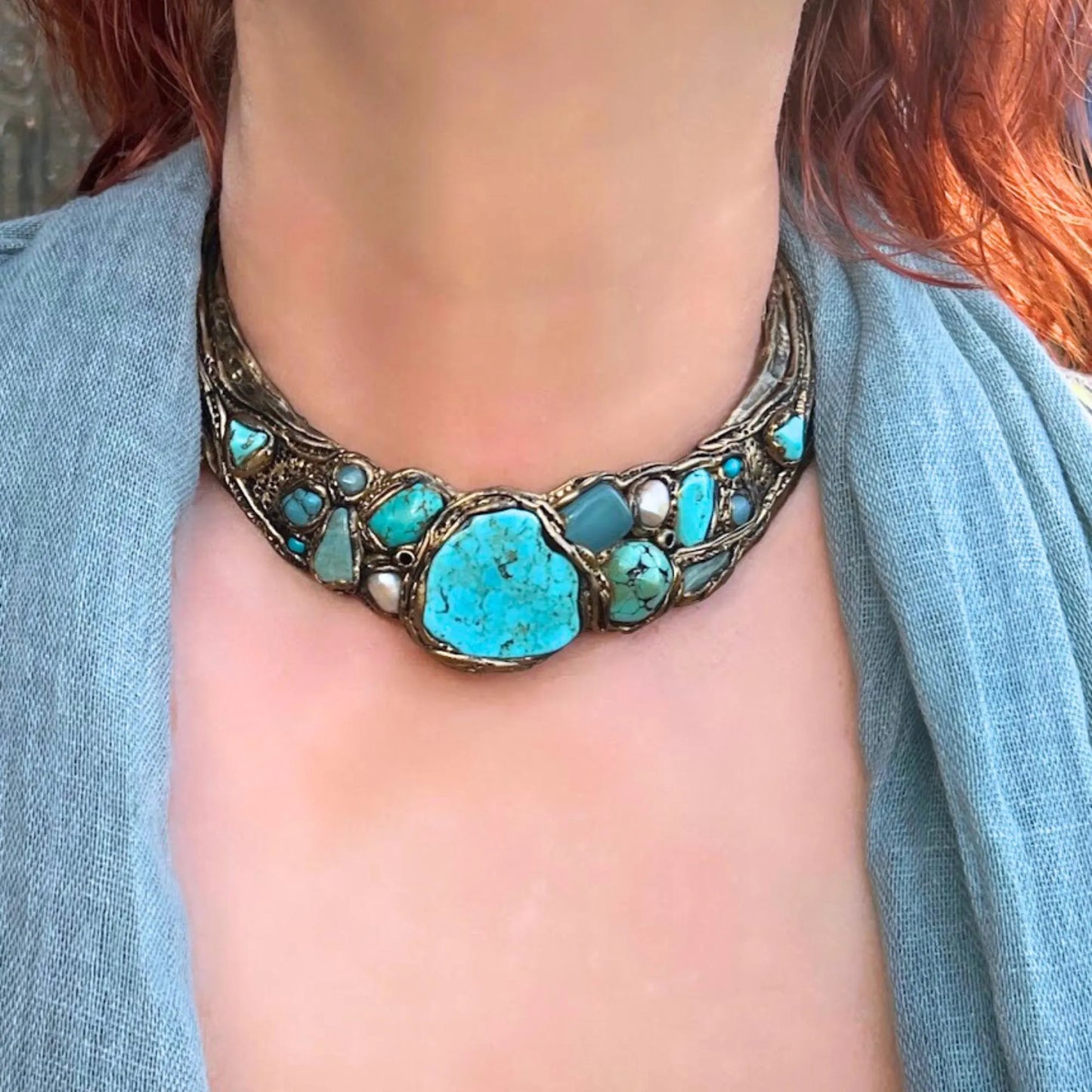 Turquoise Chunky Choker Collar Necklace with Amazonite & Chalcedony, Boho Gift for Her