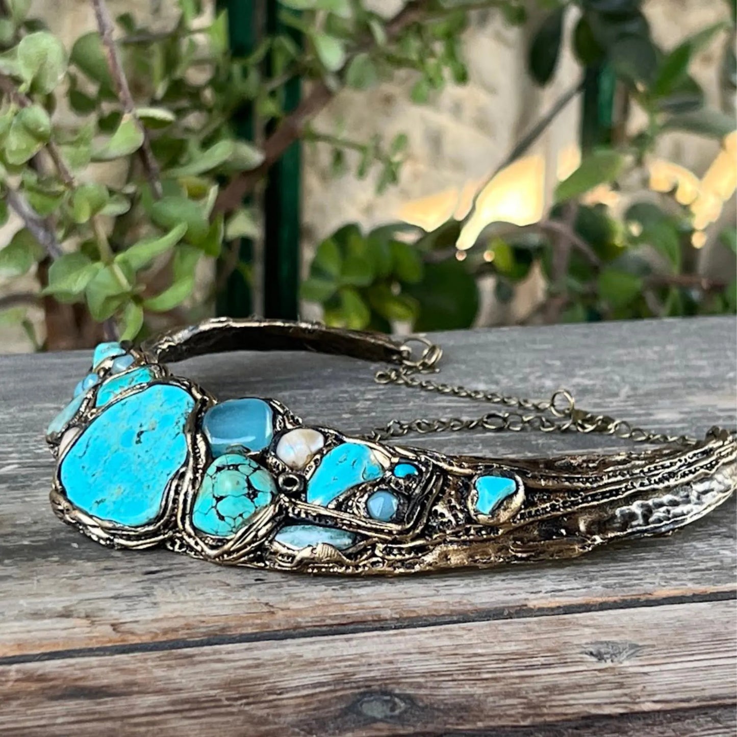 Turquoise Chunky Choker Collar Necklace with Amazonite & Chalcedony, Boho Gift for Her