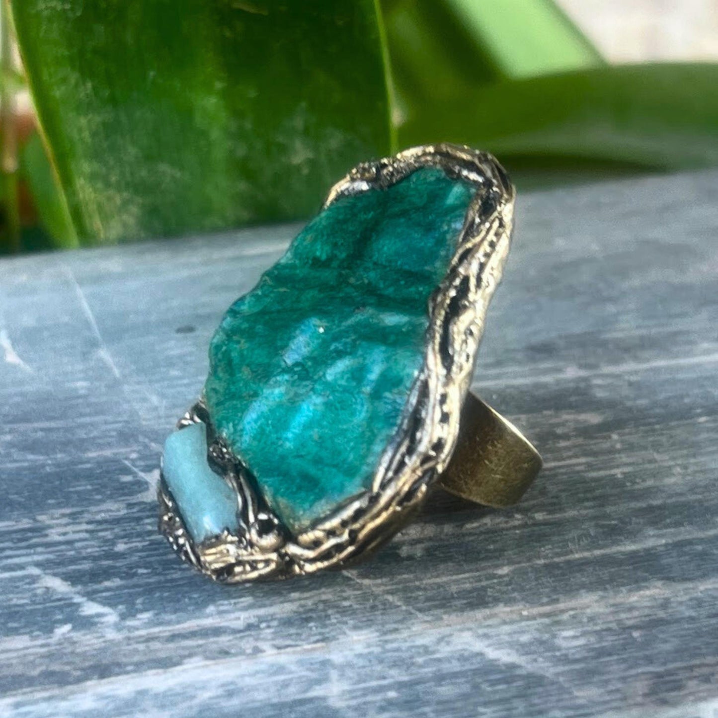 Green Stone Chunky Ring with Buddstone & Aventurine, Large Statement Ring