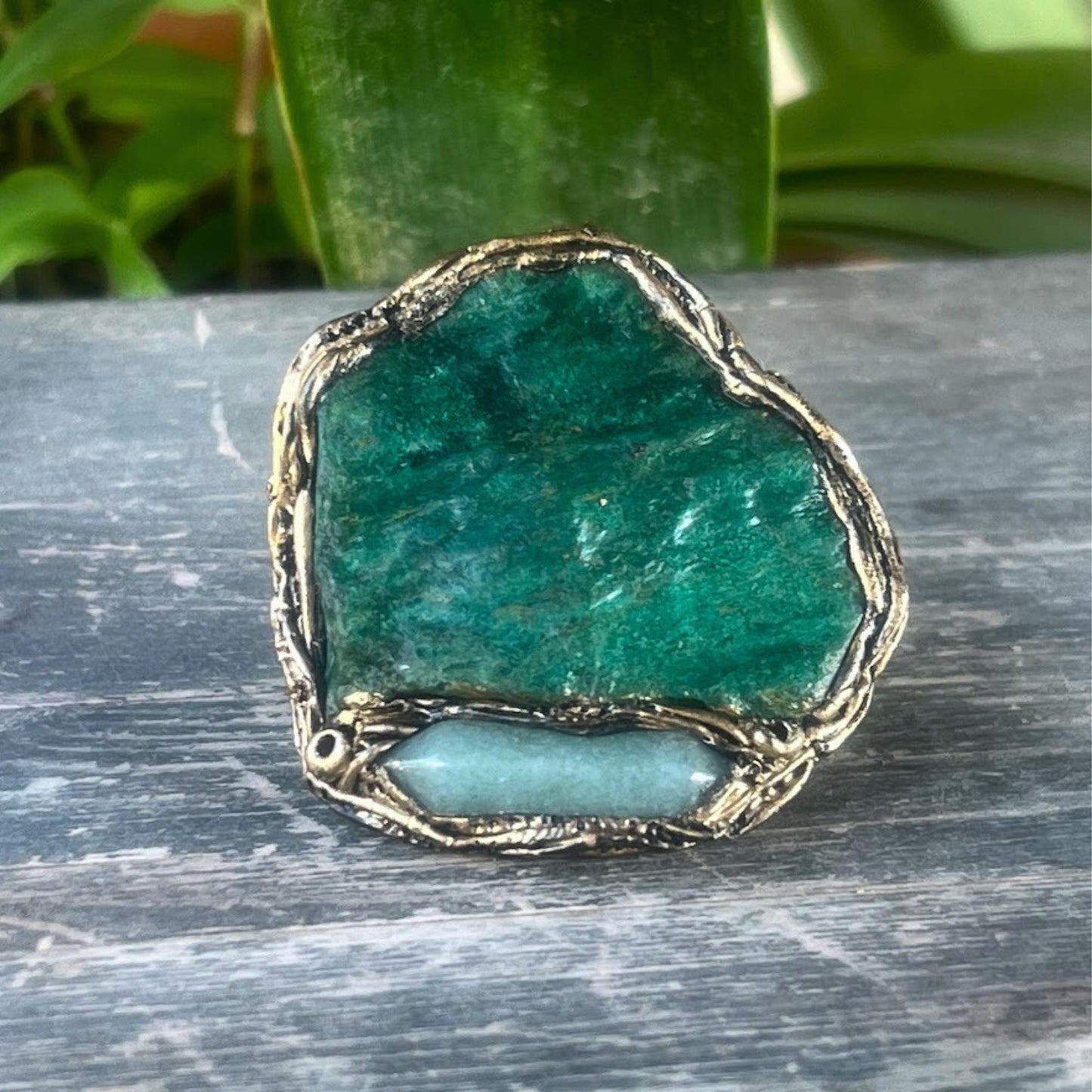 Green Stone Chunky Ring with Buddstone & Aventurine, Large Statement Ring