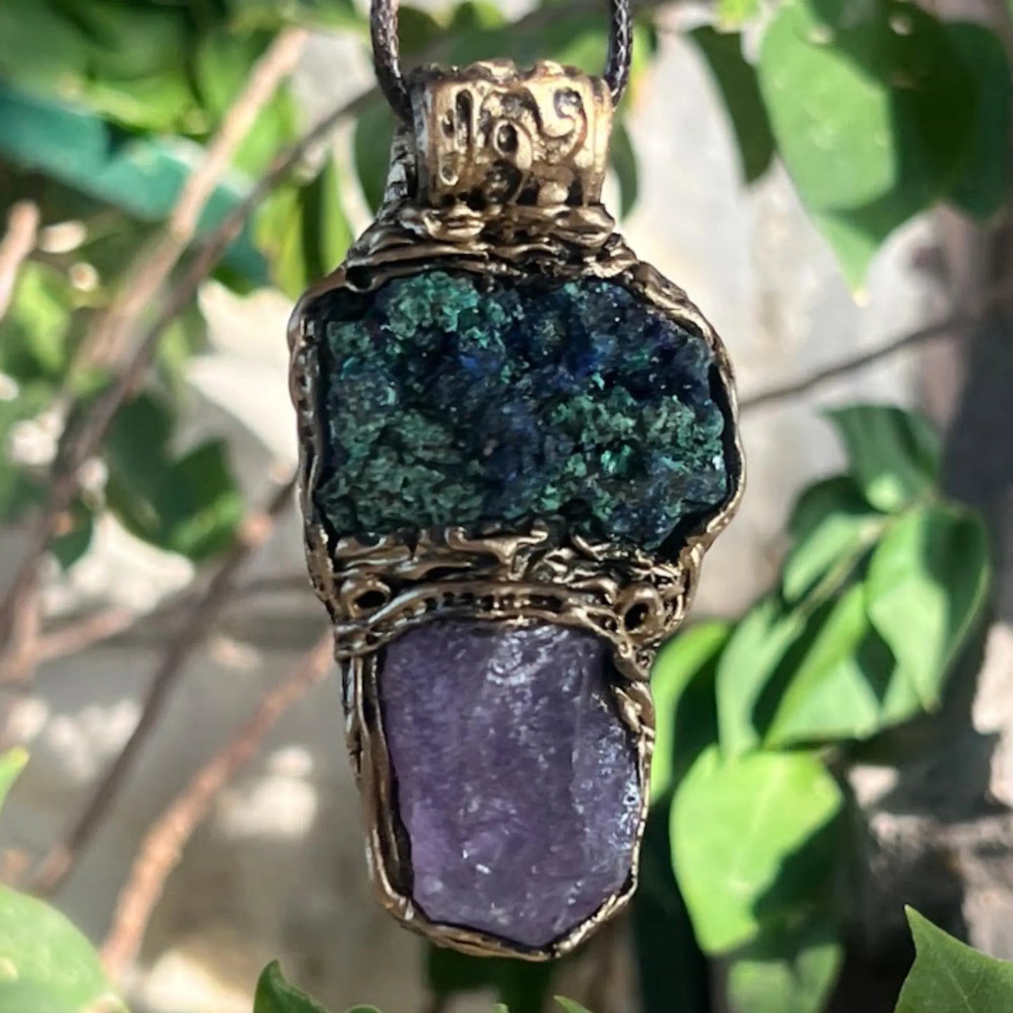 Large Amethyst & Azurite Malachite Crystal Pendant - Healing Stone Necklace