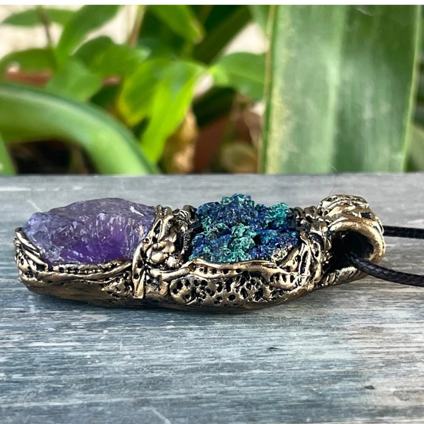Large Amethyst & Azurite Malachite Crystal Pendant - Healing Stone Necklace
