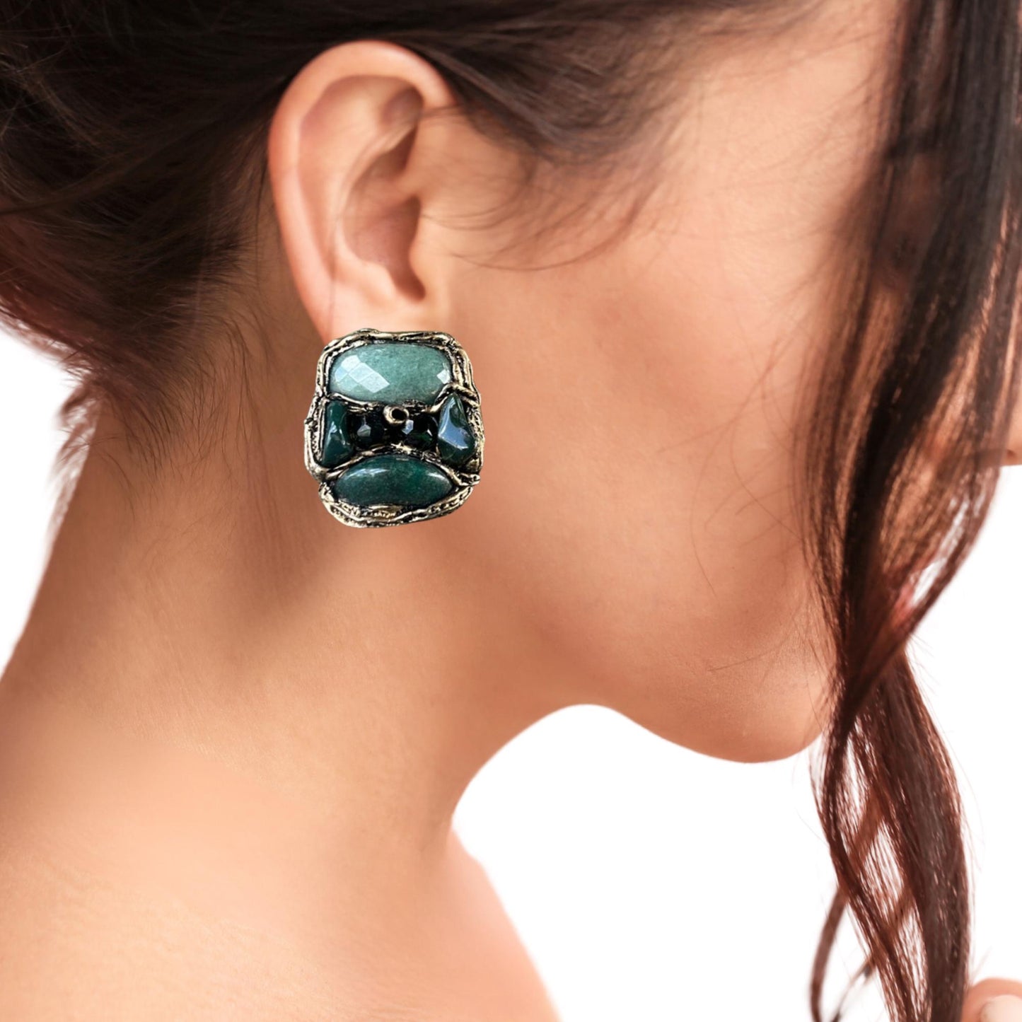 Green Gemstone Statement Clip-On Earrings with Aventurine & Bloodstone