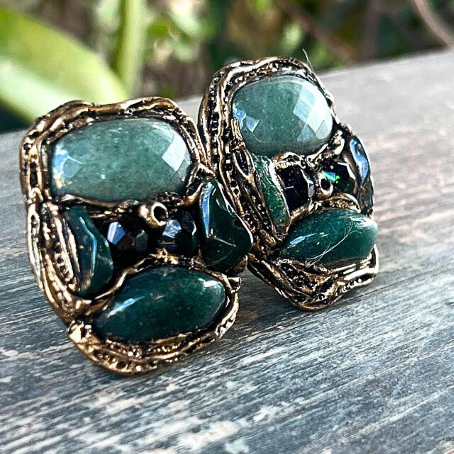 Green Gemstone Statement Clip-On Earrings with Aventurine & Bloodstone