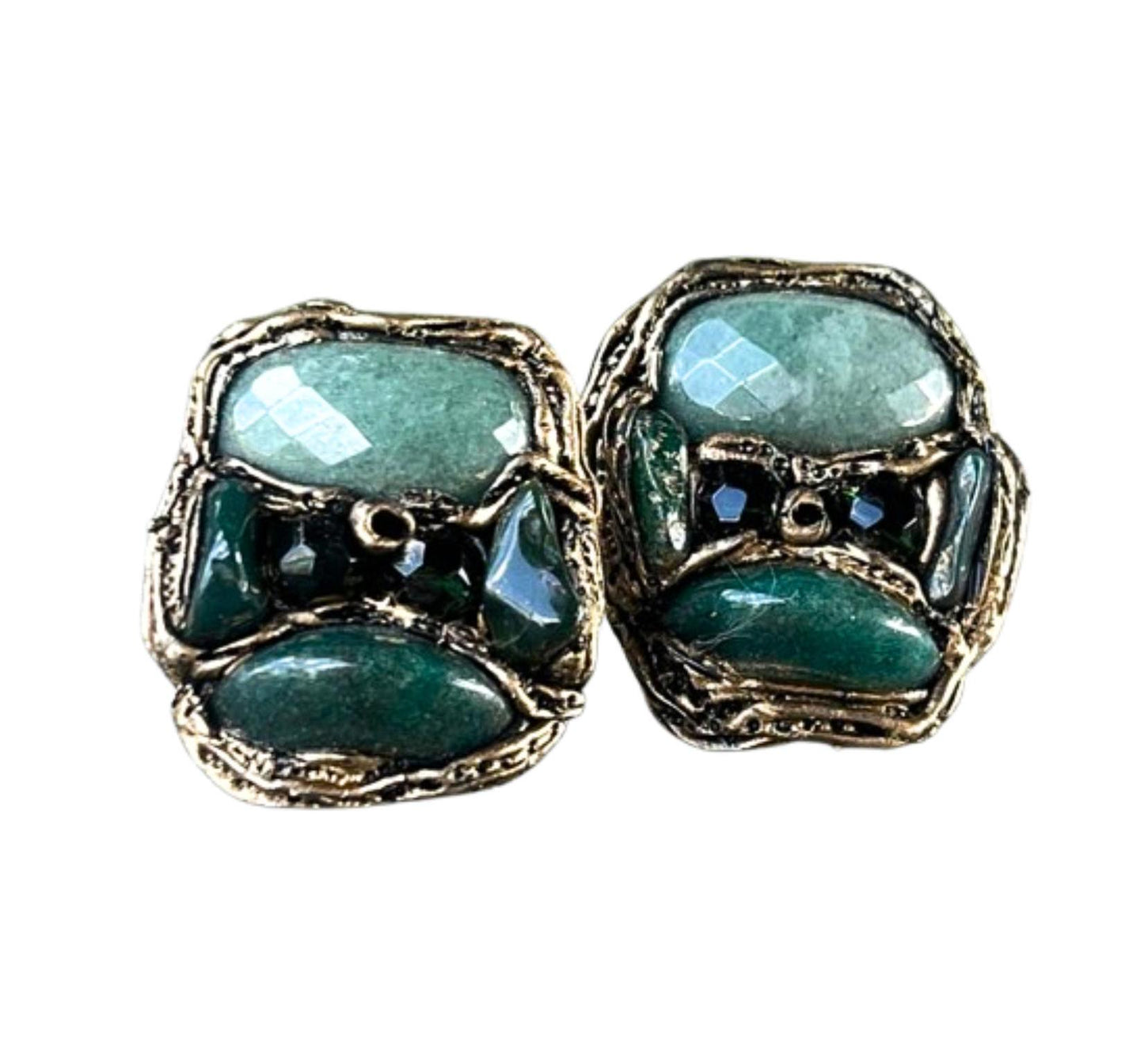 Green Gemstone Statement Clip-On Earrings with Aventurine & Bloodstone