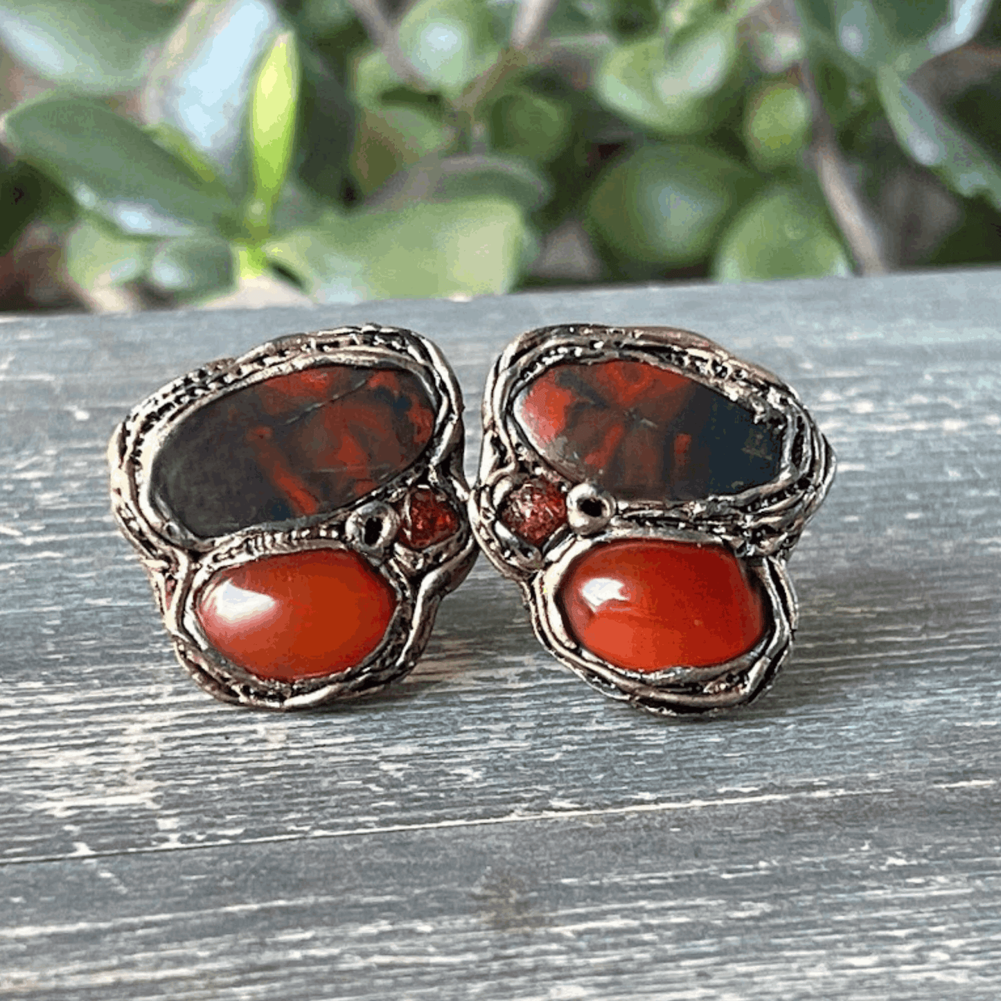 Red Carnelian and Rainbow Jasper Clip-On Earrings - Gemstone Statement Jewelry