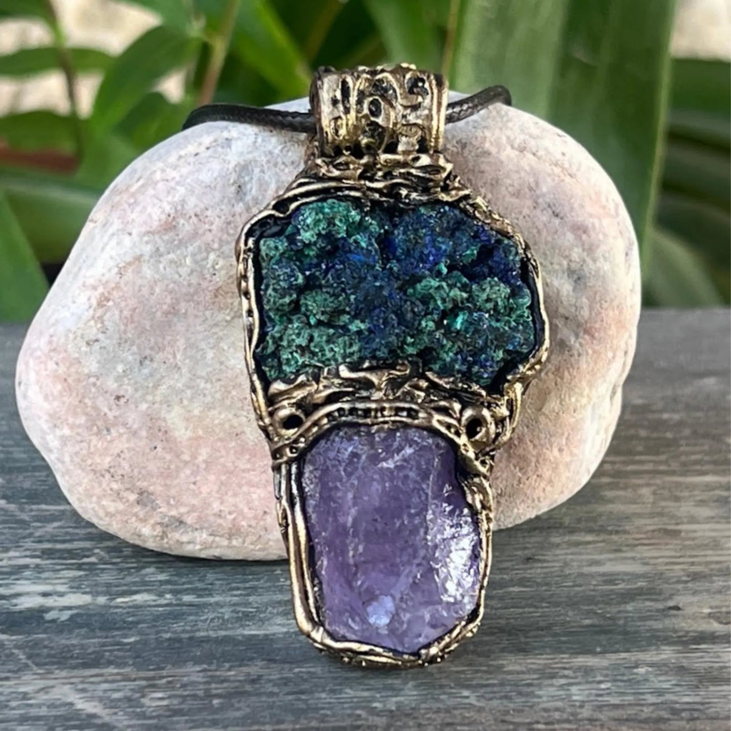 Large Amethyst & Azurite Malachite Crystal Pendant - Healing Stone Necklace