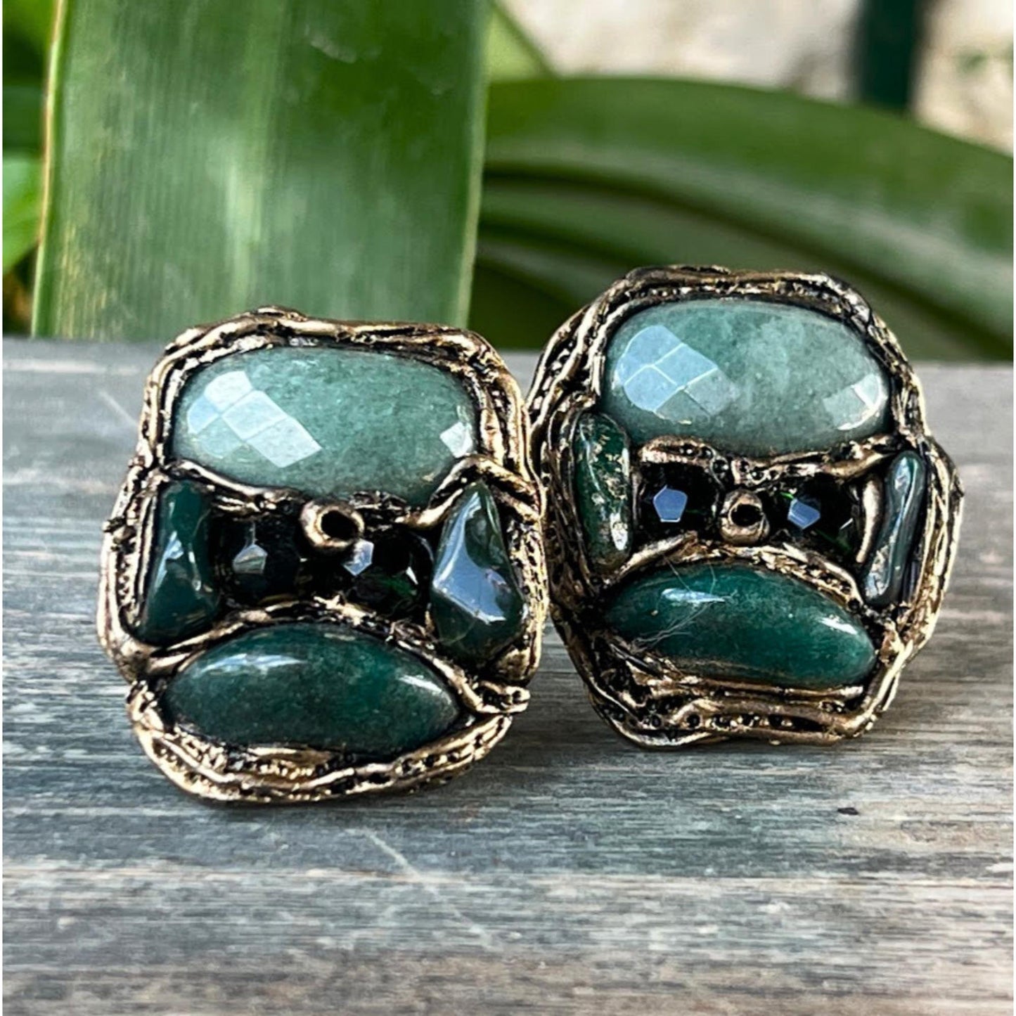 Green Gemstone Statement Clip-On Earrings with Aventurine & Bloodstone