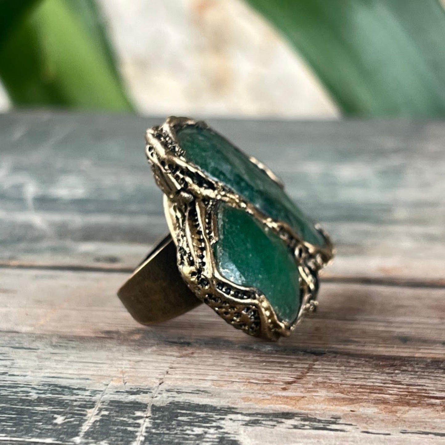 Chunky Green Stone Ring - Aventurine Jade Bold Statement Gemstone Jewelry