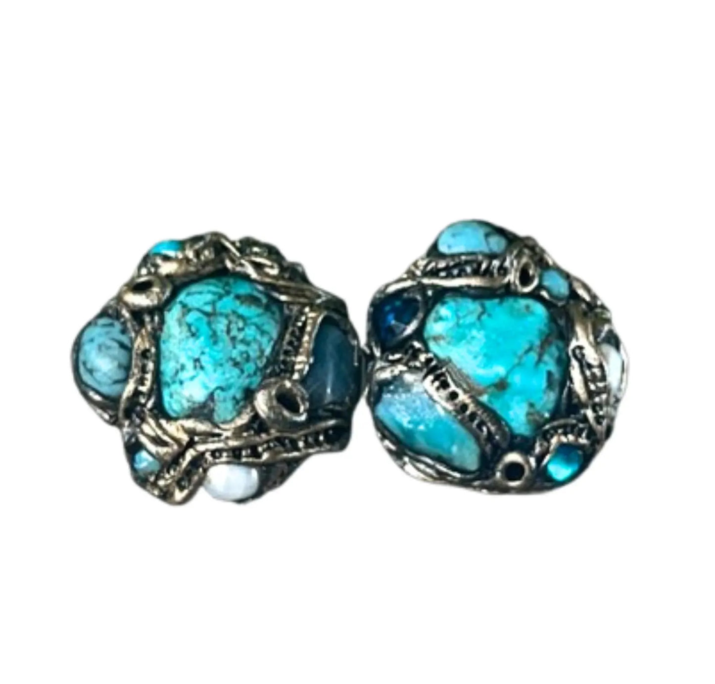 Turquoise and Pearl Studs - Unique Blue Statement Earrings