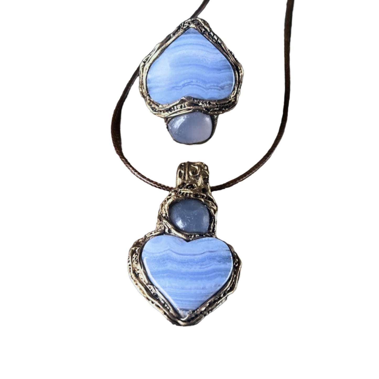 Blue Lace Agate and Chalcedony Heart Stone Pendant Necklace - Healing Crystal Amulet