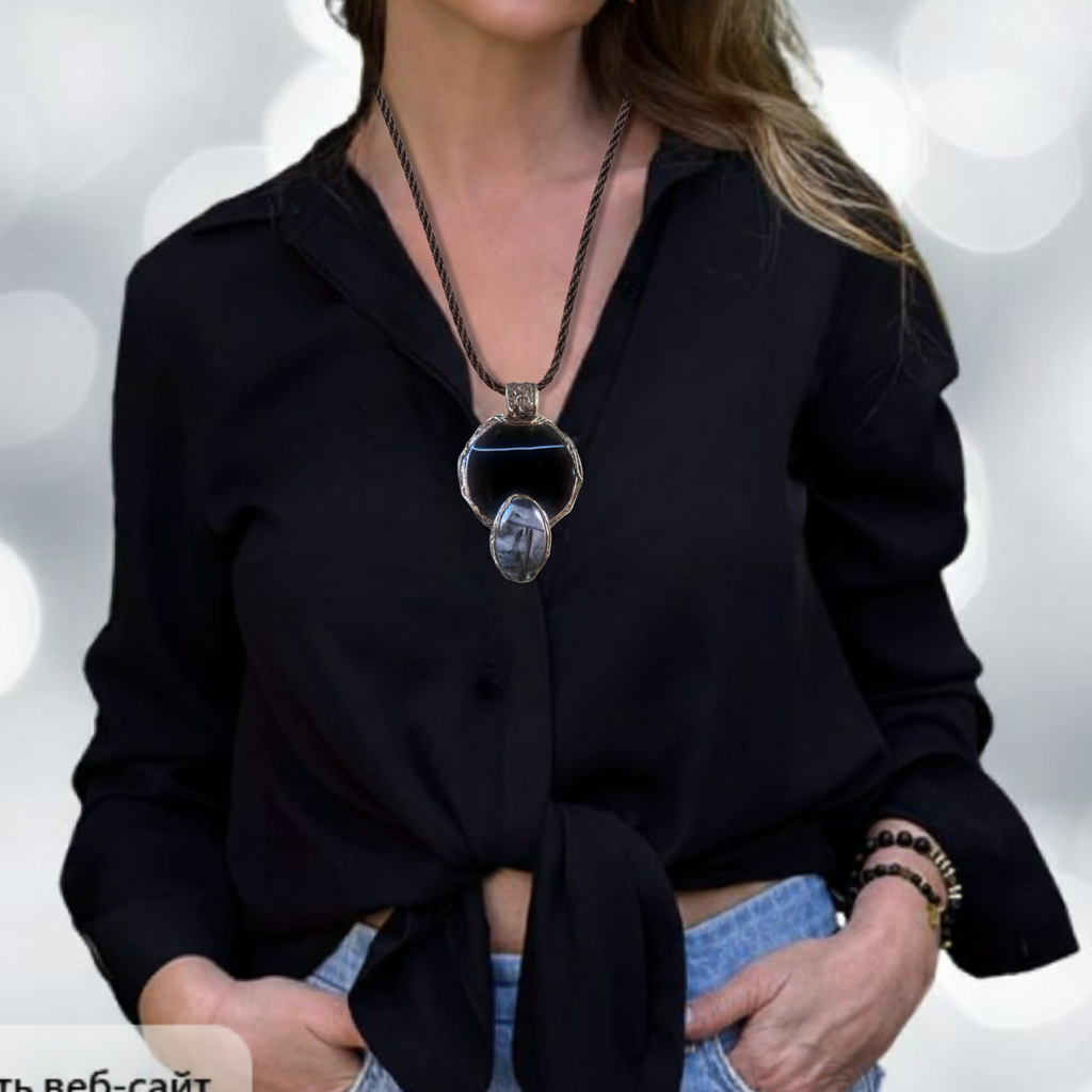 Tourmaline Quartz & Onyx Crystal Amulet - Empath Protection Necklace