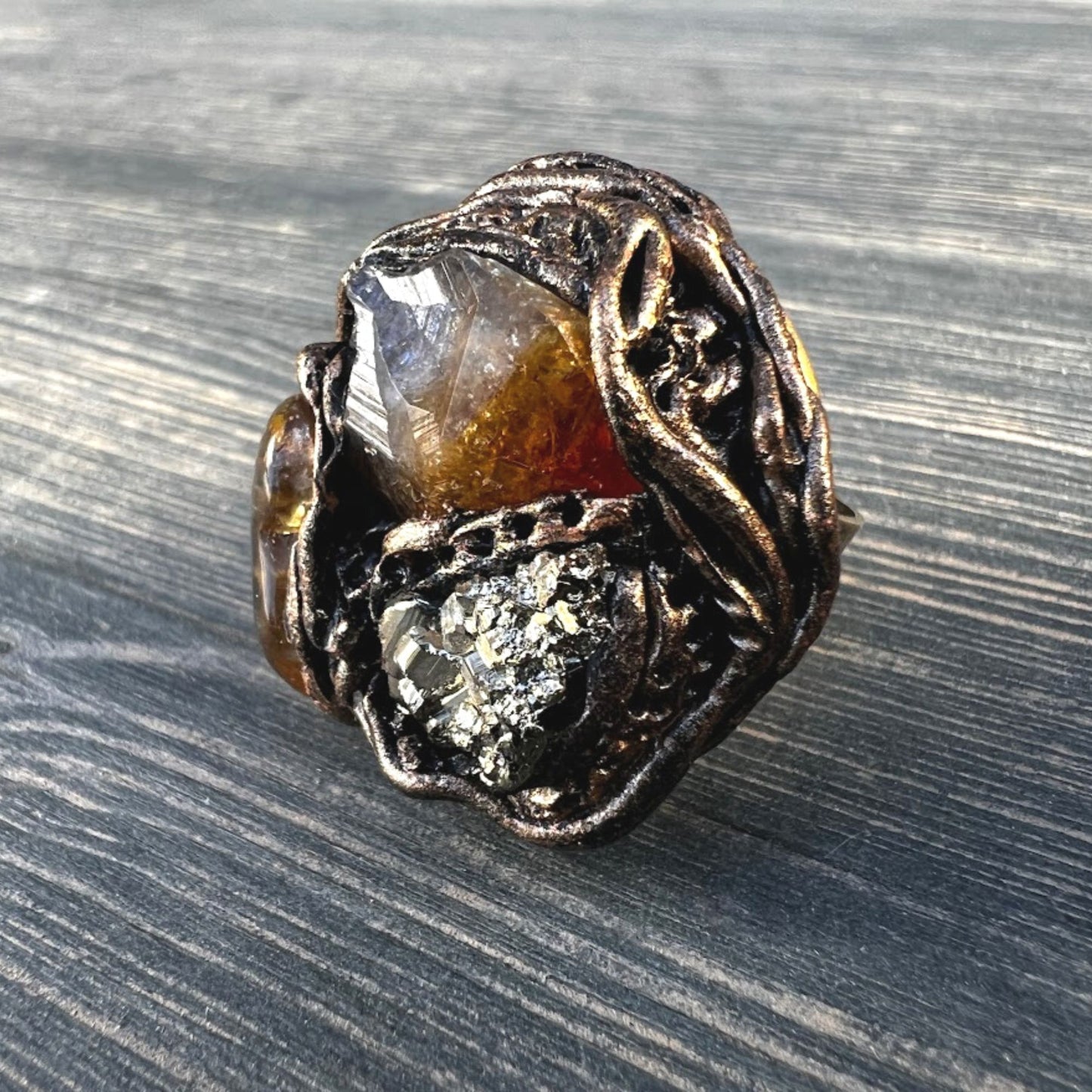 Citrine Pyrite chunky stone ring, raw crystal ring, good luck ring