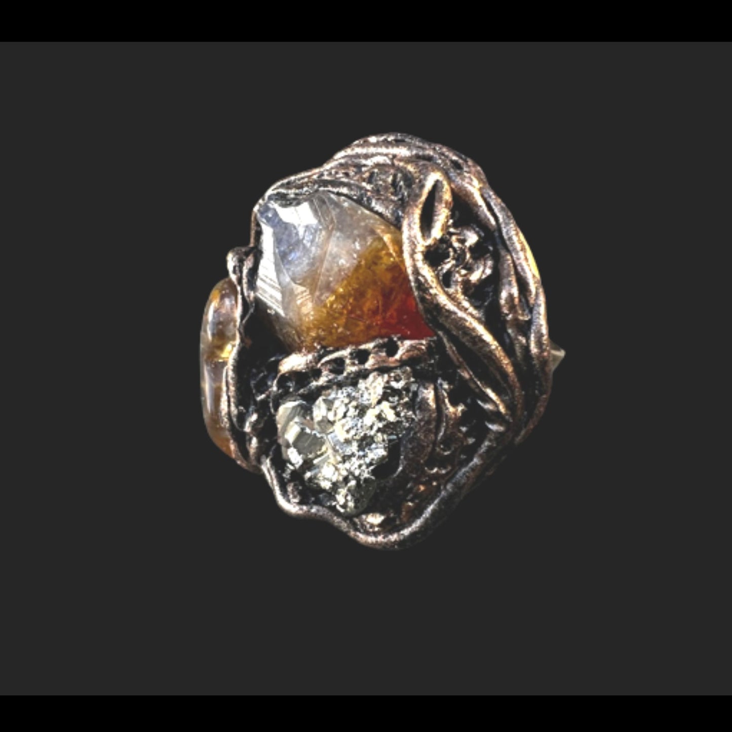 Citrine Pyrite chunky stone ring, raw crystal ring, good luck ring