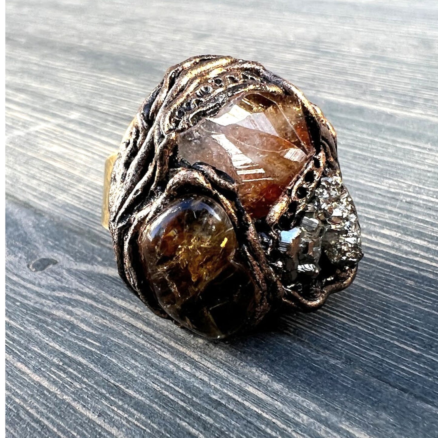 Citrine Pyrite chunky stone ring, raw crystal ring, good luck ring