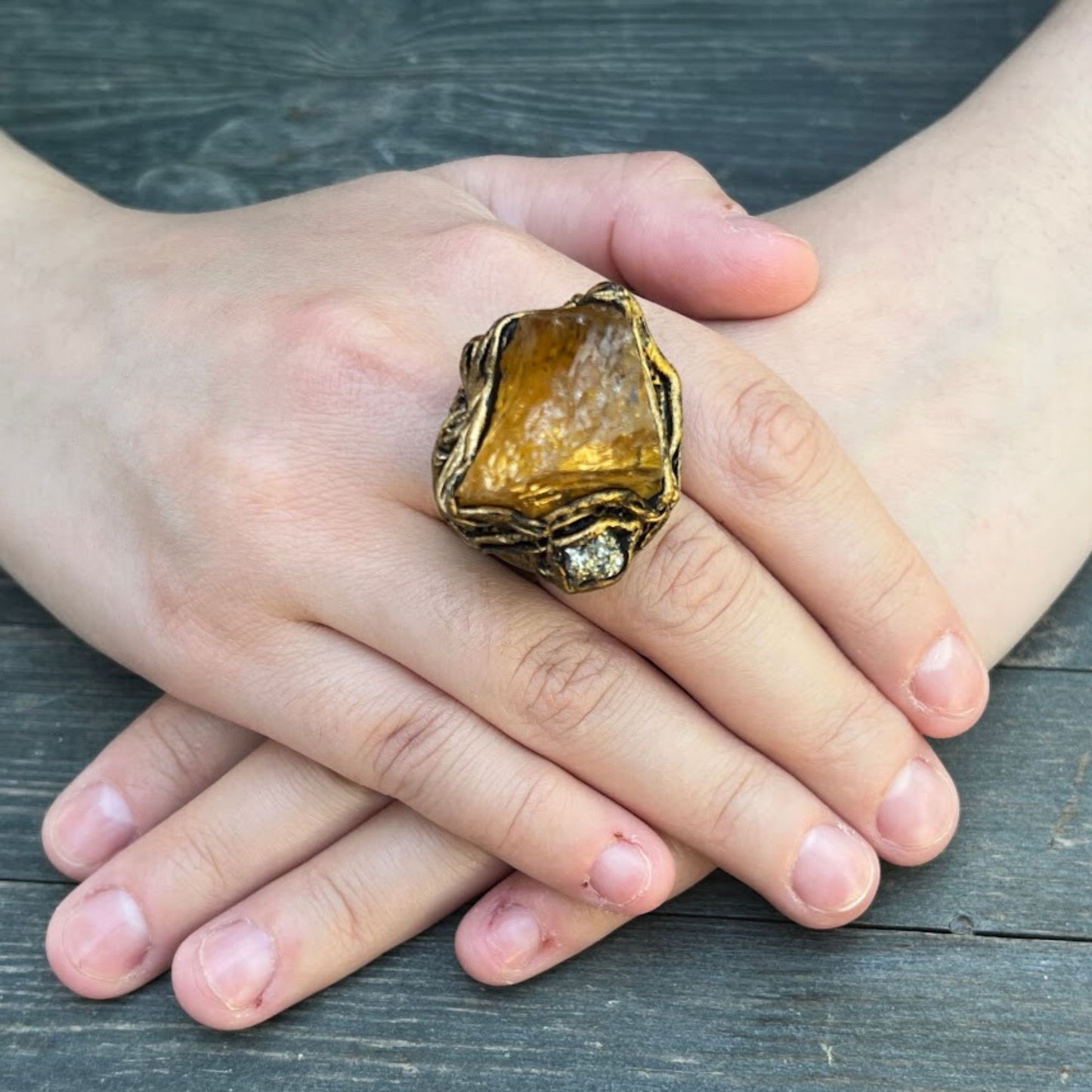 Large raw Citrine & Pyrite ring, big chunky stone ring, good luck ring