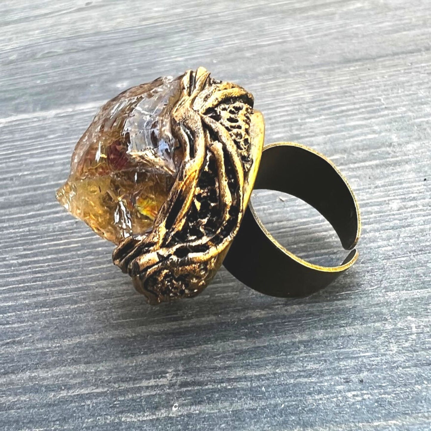 Large raw Citrine & Pyrite ring, big chunky stone ring, good luck ring
