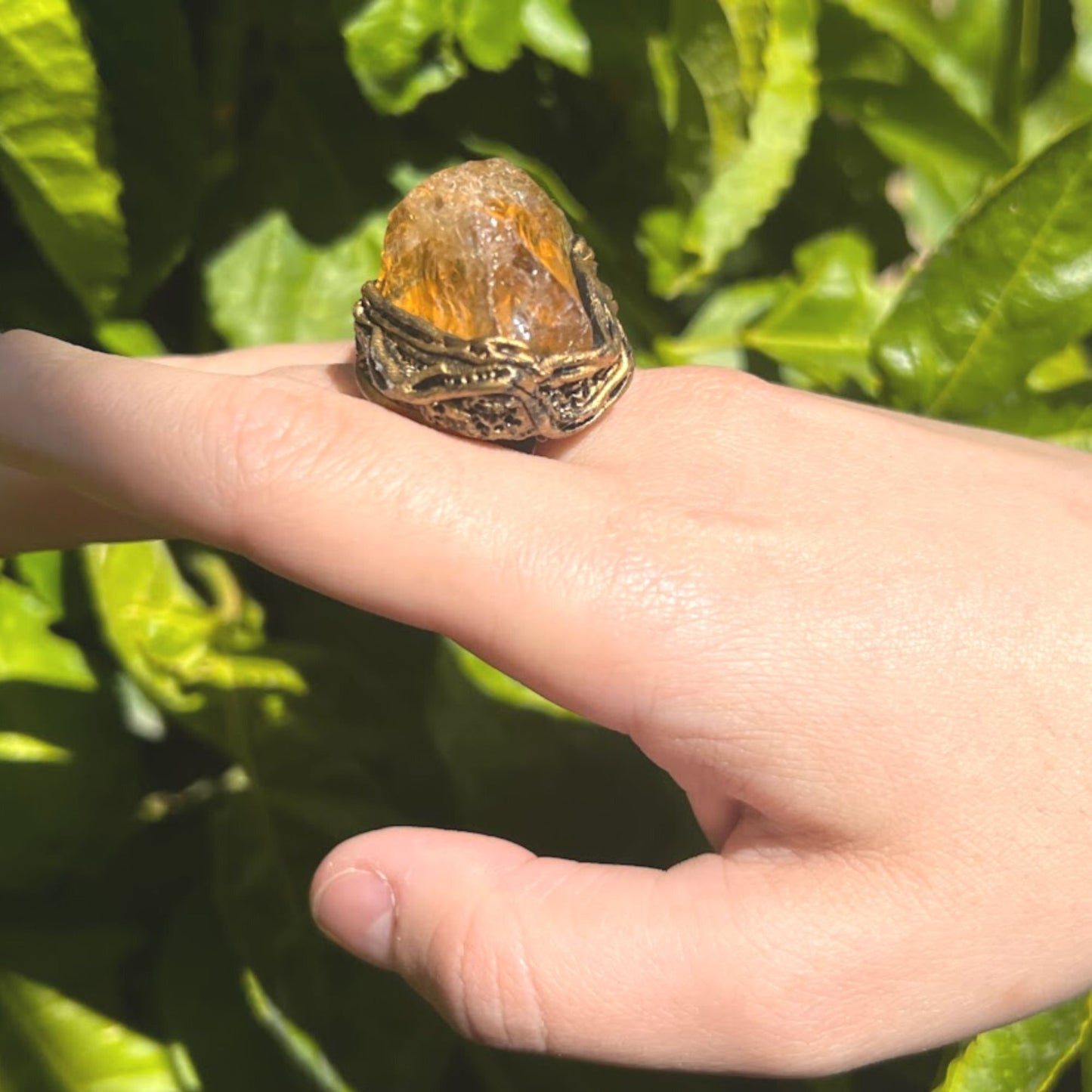 Large raw Citrine & Pyrite ring, big chunky stone ring, good luck ring