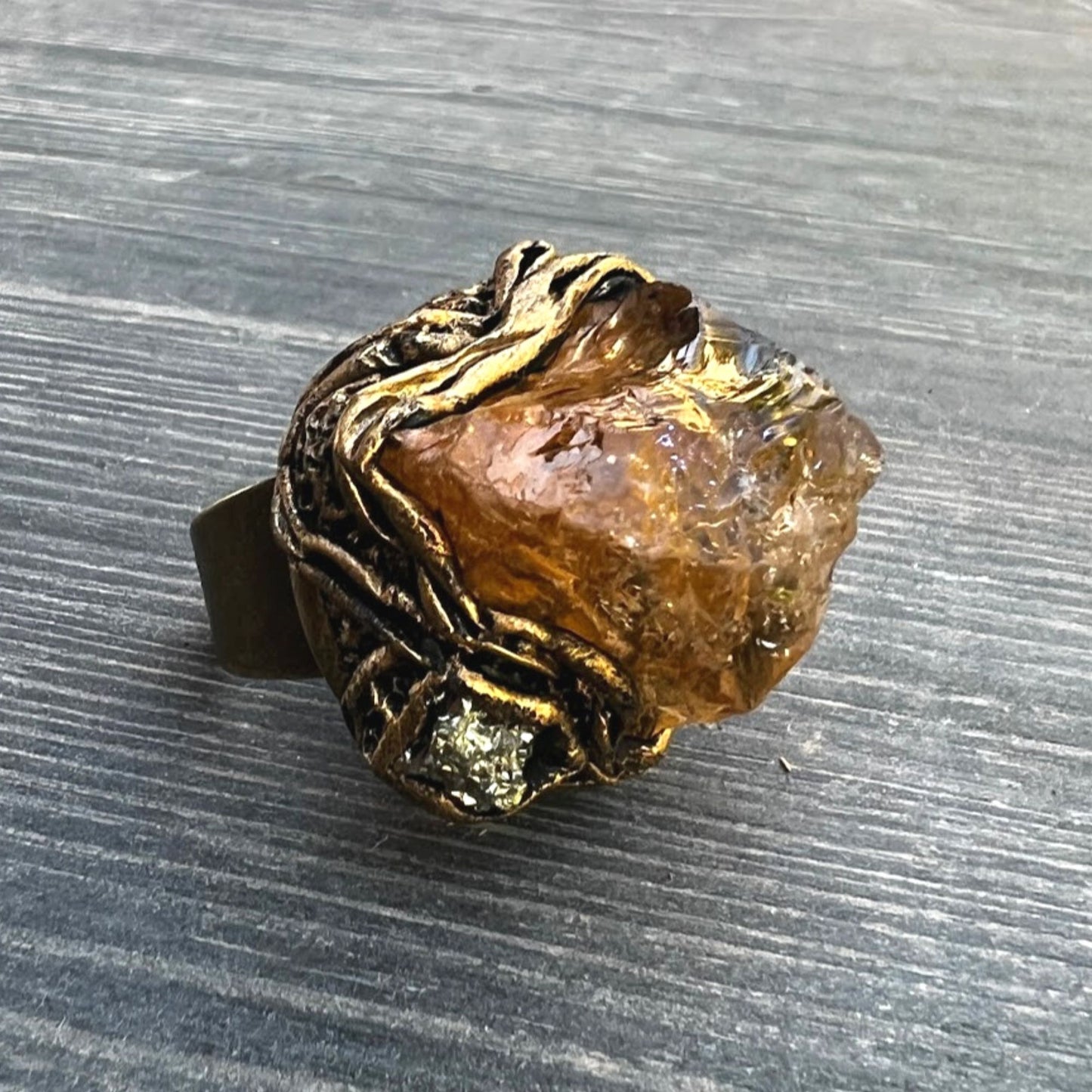 Large raw Citrine & Pyrite ring, big chunky stone ring, good luck ring