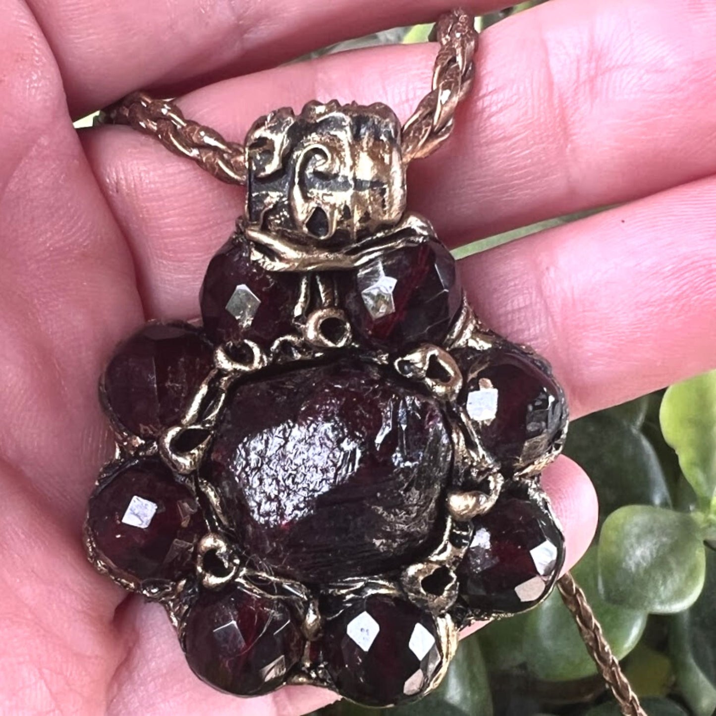 Garnet choker raw stone necklace, red flower crystal pendant