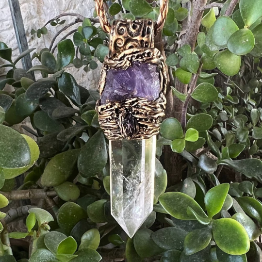 Empath Protection Necklace with Clear Quartz & Amethyst - Raw Crystal Amulet for Spiritual Gifts