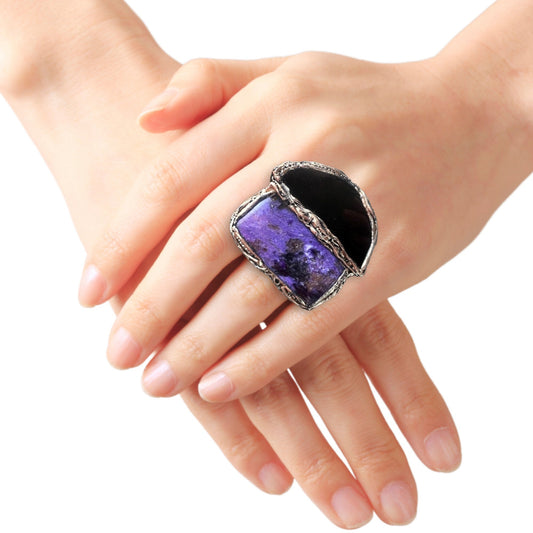 Chunky Obsidian Charoite Cocktail Ring – Bold Purple & Black Gemstone Jewelry