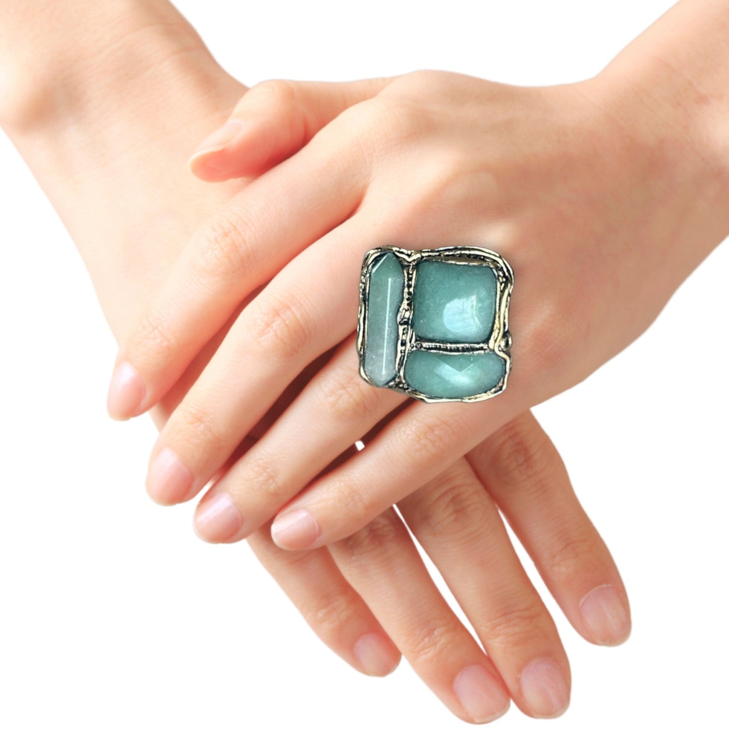 Green Stone Chunky Ring with Aventurine, Boho Cocktail Statement