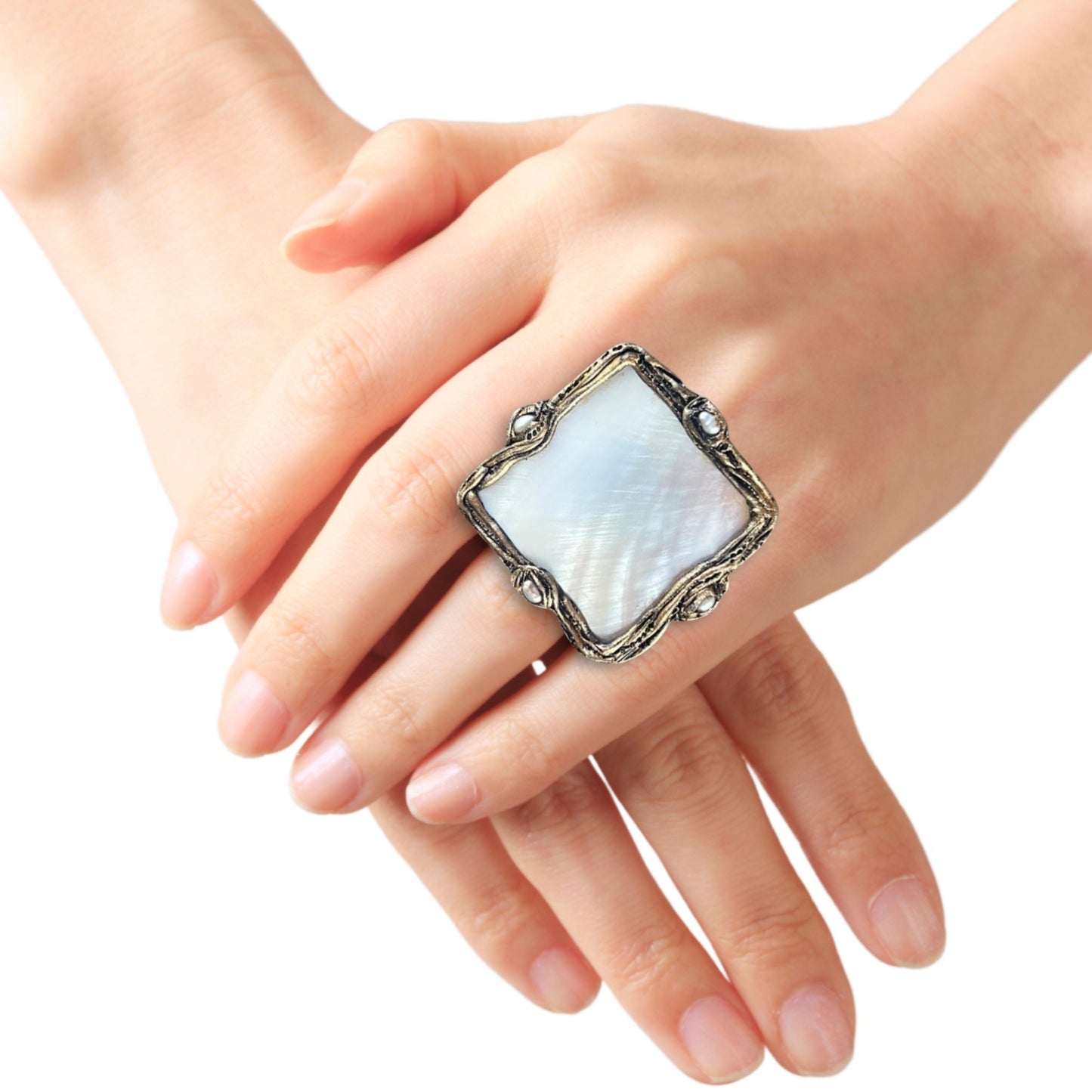 Mother of Pearl White Cocktail Chunky Ring, Bohemian Jewelry Gift for Her